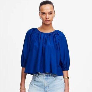 Madewell NWT Shirred Puff-Sleeve Top Size Medium in Cotton-Silk Voile | Sapphire